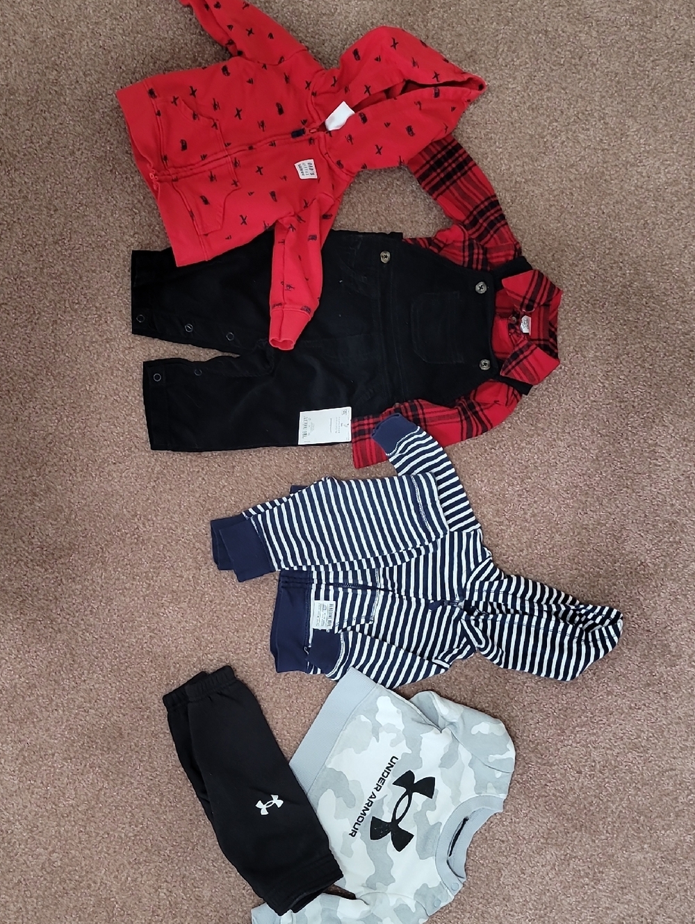 Carter's Red Hooded Jacket with Black Overalls & Navy Striped Hoodie Set